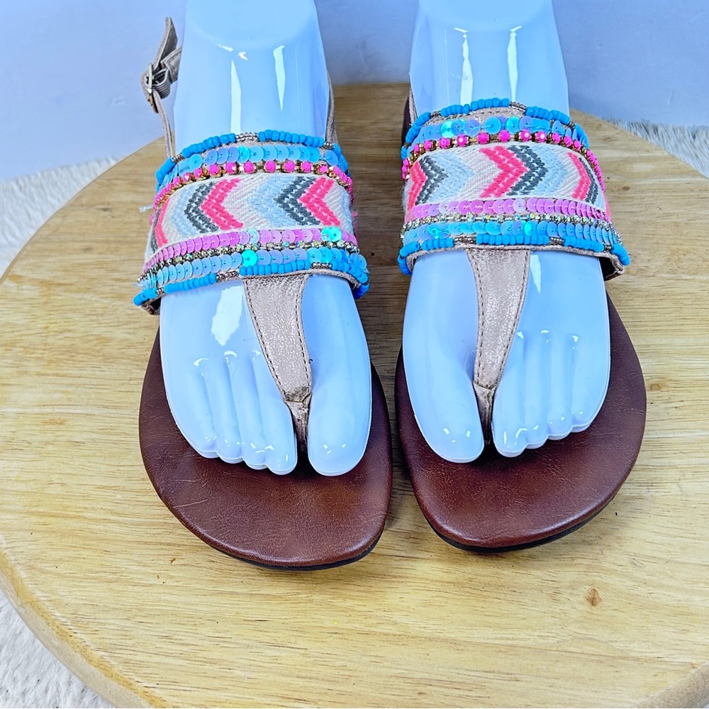 Maurices Pink and Blue Sandals Embroidered and Beaded Vibrant Summer Style 8 w‎